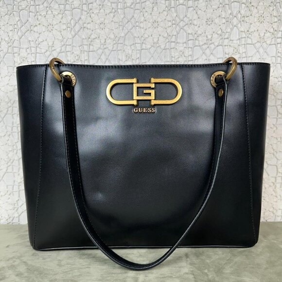 Black Guess Tote Purse with Gold Details - Picture 1 of 8